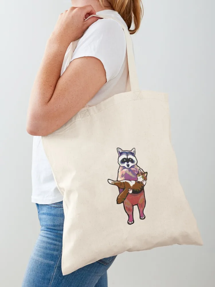 ICONIC Raccoon Holding Cat Meme Tote Bag canvas tote bags men university shopper women