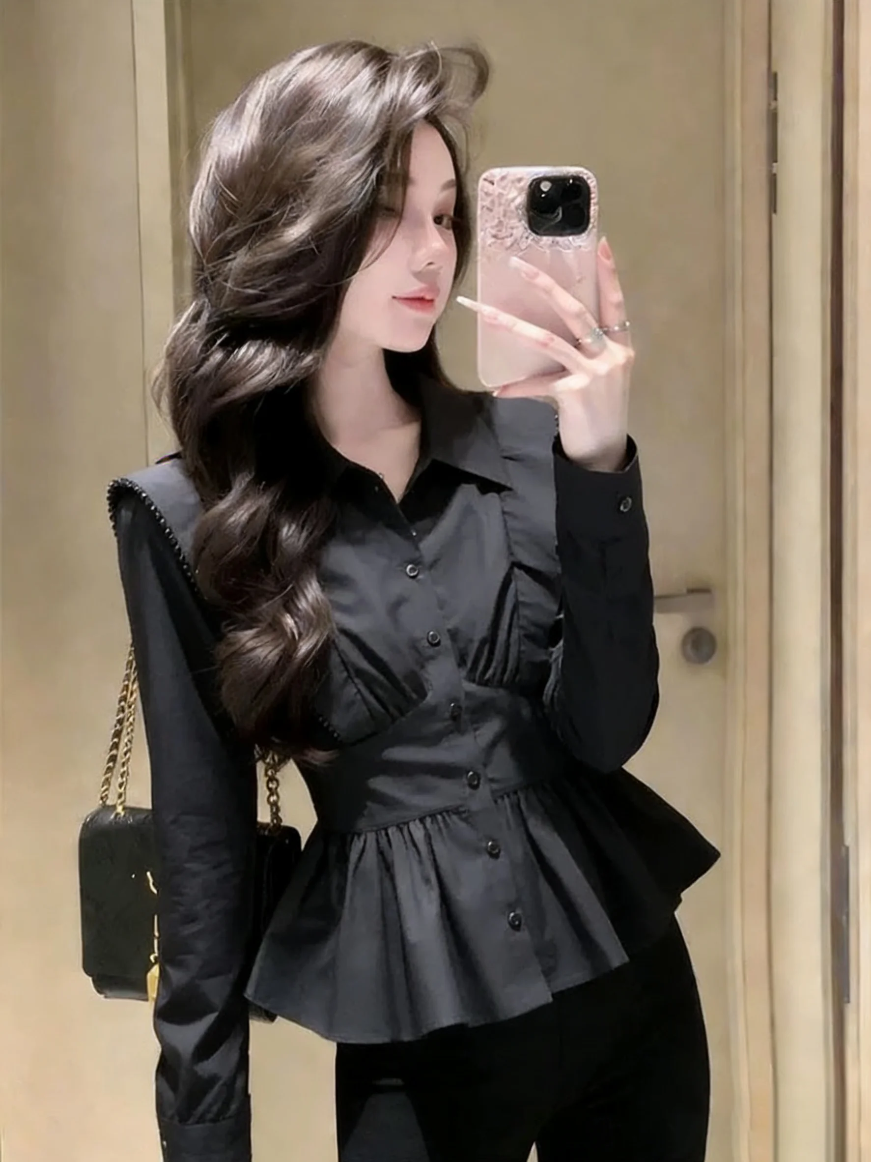 

Женская рубашка Ele Bla Long Sve: модная, универсальная, в корейском стиле, для повседневной носки, свободного кроя, на пуговицах, в стиле кэжуал.