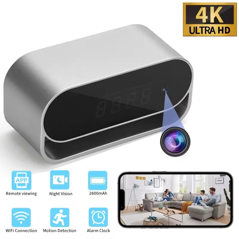 

4K HD Wireless WiFi Mini Camera Table Alarm Clock Cam Supports Invisible Night Vision Motion Detection Home Security Camcorder