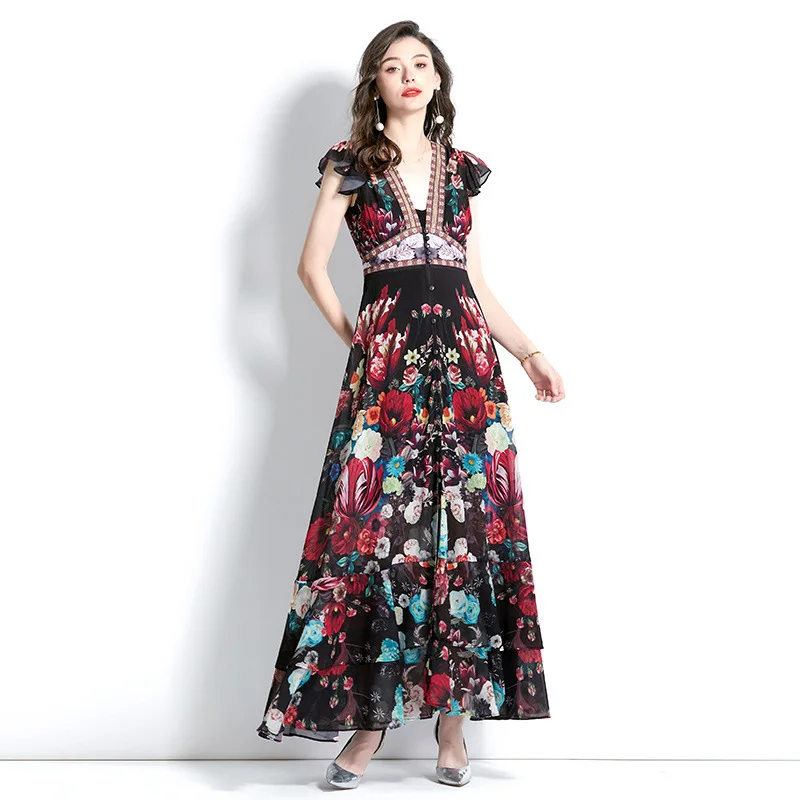 2024 Fashion Runway Gorgeous Flower Chiffon Cascading Ruffles Dress Women Deep V Neck Long Sleeve Floral Print Boho Robe Vestido