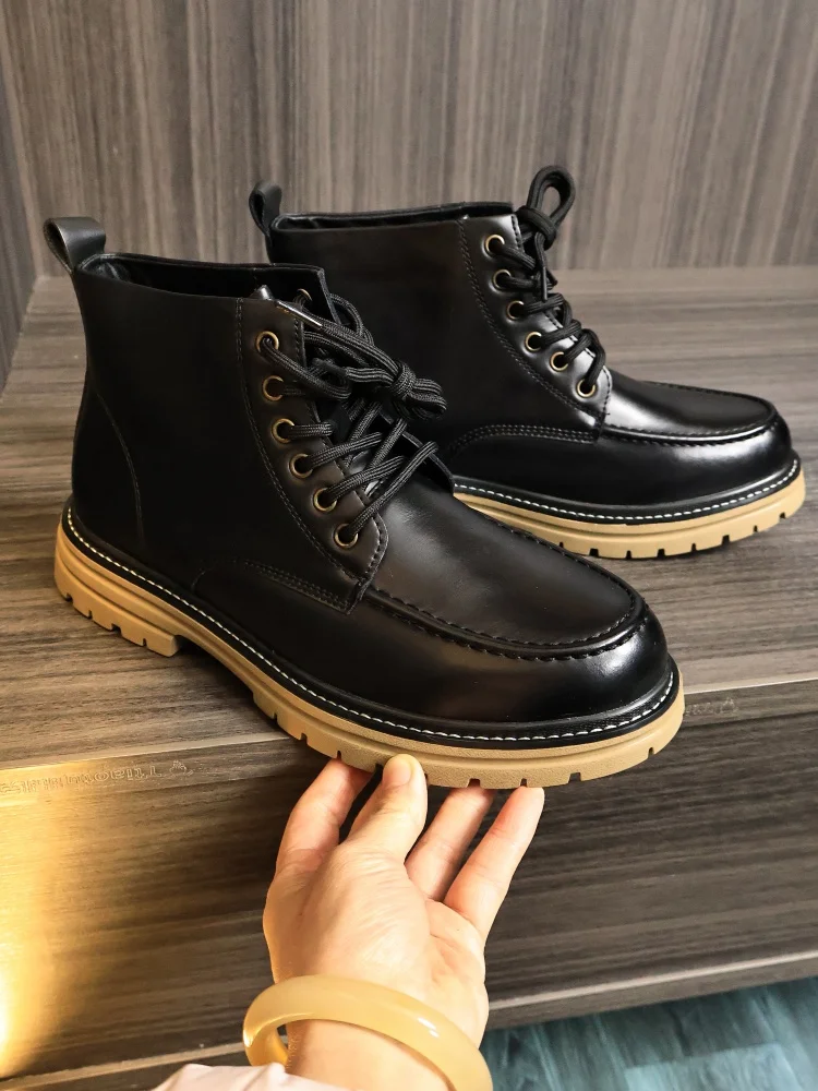 

Stylish High-Top Men's Boots Leather British Style Autumn Winter Motorcycle Fashionable Boots Wear-Resistant round Toe