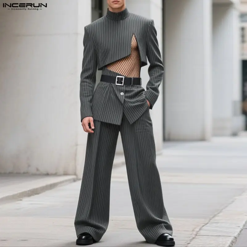 INCERUN Men Sets Striped Long Sleeve Crop Blazer & Irregular Pants Two Pieces Sets Streetwear 2025 Fashion Men's Casual Suits