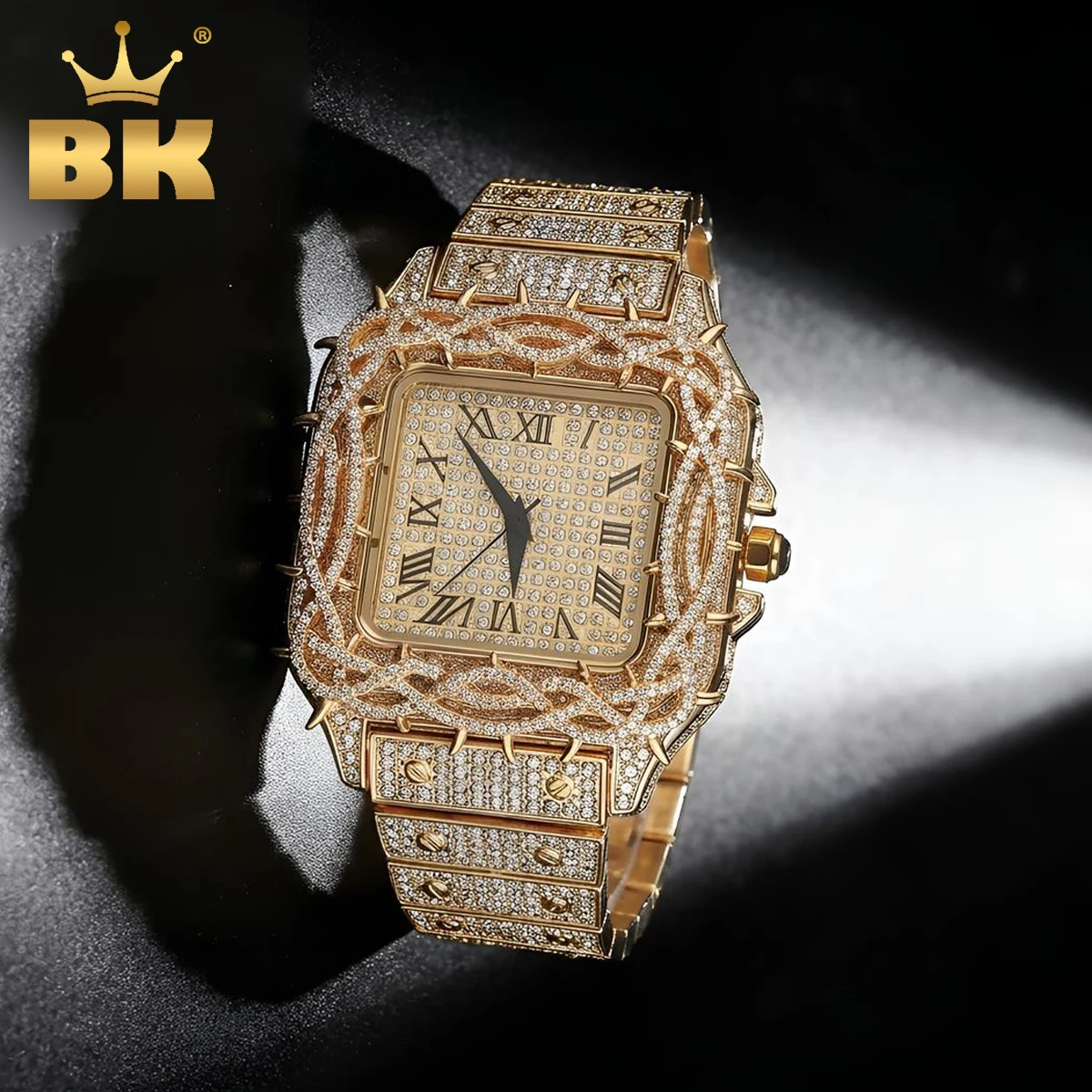 THE BLING KING Hip Hop Rapper Iced Out Thorn Encrusted Square Watch Men Full Rhinestone Square Roman Dial Quartz Wristwatch