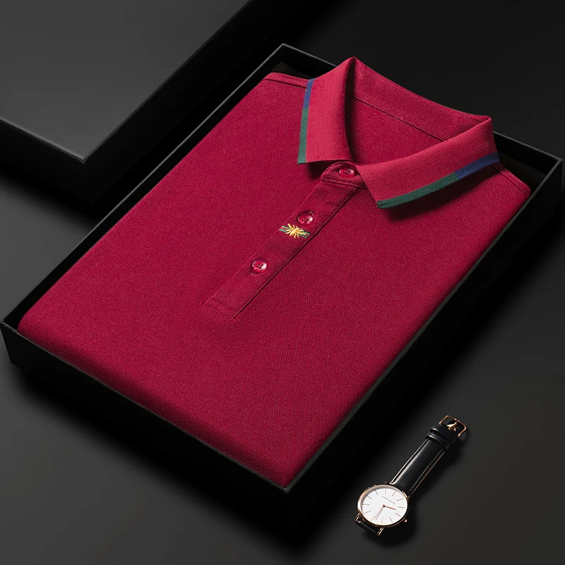 Wysokiej klasy męska koszulka polo z haftem Business Casual Lapel Long Sleeved 100% bawełna Koszulka polo Wiosna Jesień Moda Jednolity kolor Top