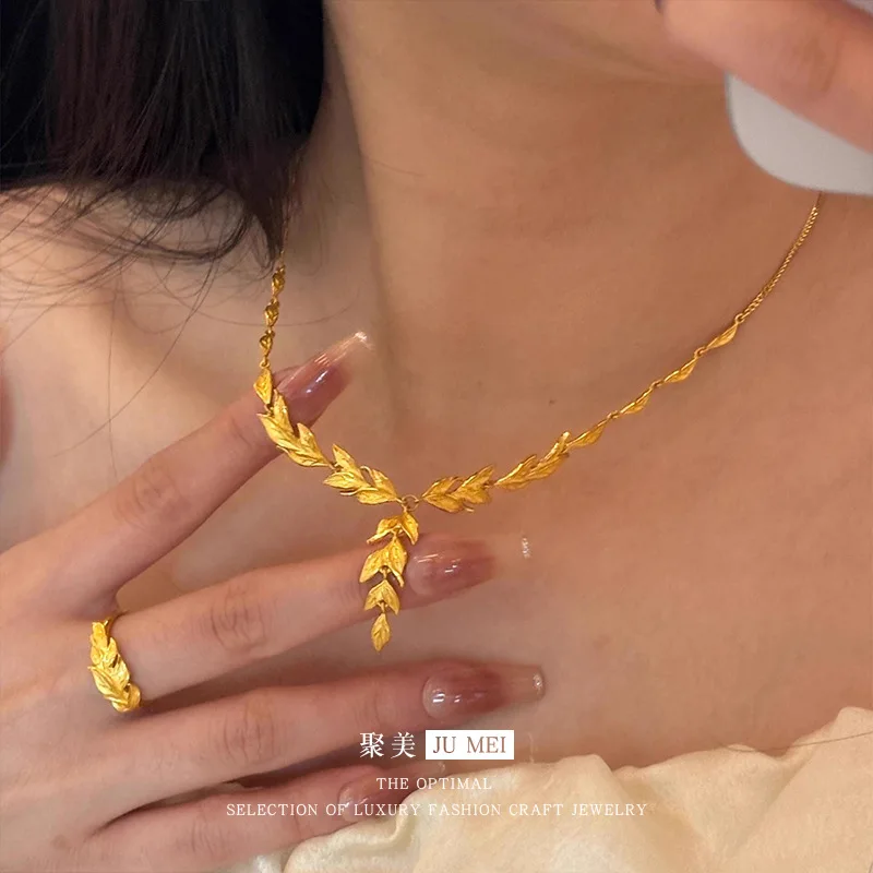 Gold Shop Женское ожерелье из настоящего золота 9999 24 карата с золотыми ветвями, нефритовыми листьями, пшеничными ушками, цепочкой на ключицу, Luxuriou