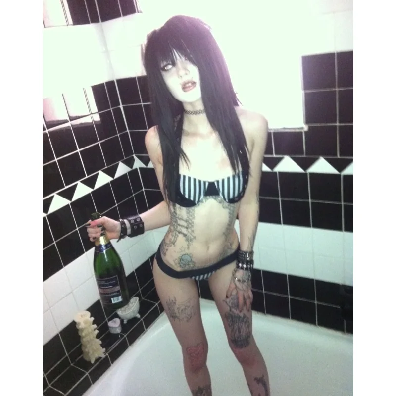 Y2K Gothic Pure Desire Black and White Striped Mesh Backless Bikini Two-Piece Set Body-Conch Bikini Bottom Punk Sexy Swimsuit