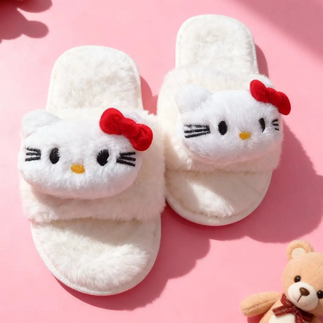 

Fashion Women Cartoon Kitty Plush House Slippers Adorable Bow Design Fuzzy Slide Sandals Warm Comfort Non-Slip Indoor Daily Shoe