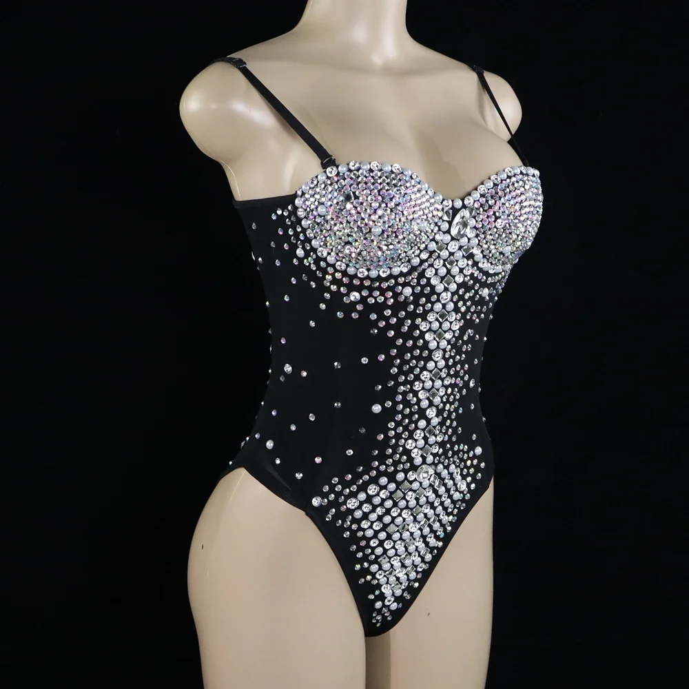 

Sexy V Neck Mesh Striped Rhinestones Without Zipper Bodysuit Women Singer Stage Performance Costume Luxurious Pearls Dress