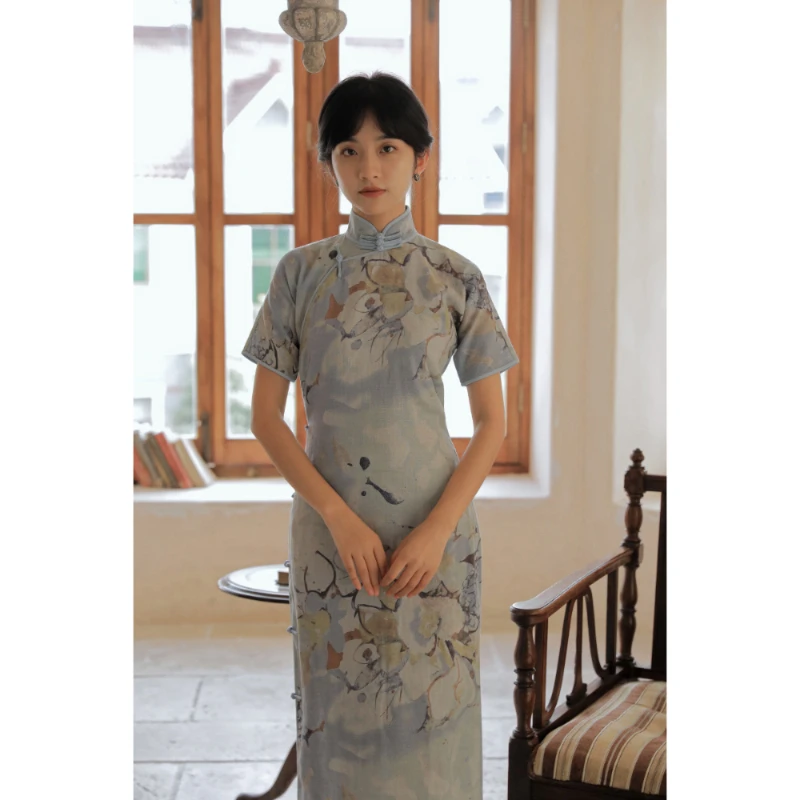 

Cheongsam Blue Short Sleeve Stand Collar Women's Chinese Casual Fashion Full Cardigan Edge Mid-Length Low Slit Retro DailySummer