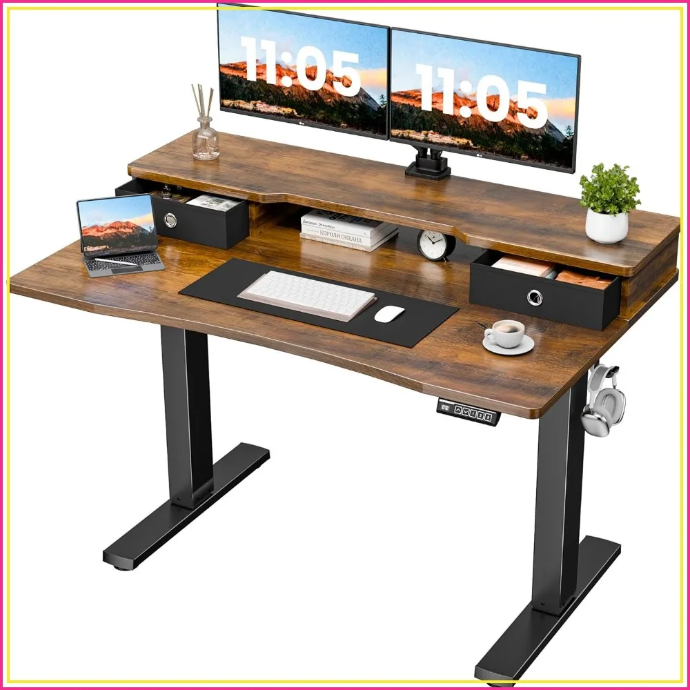 48x24 Inch Electric Standing Desk with Drawers, Rustic Walnut