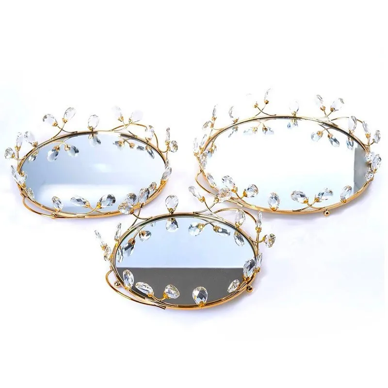 Crystal Mirror Tray with Iron Floral Inlay Decorative Storage Plate for Aromatherapy Candle Cosmetics