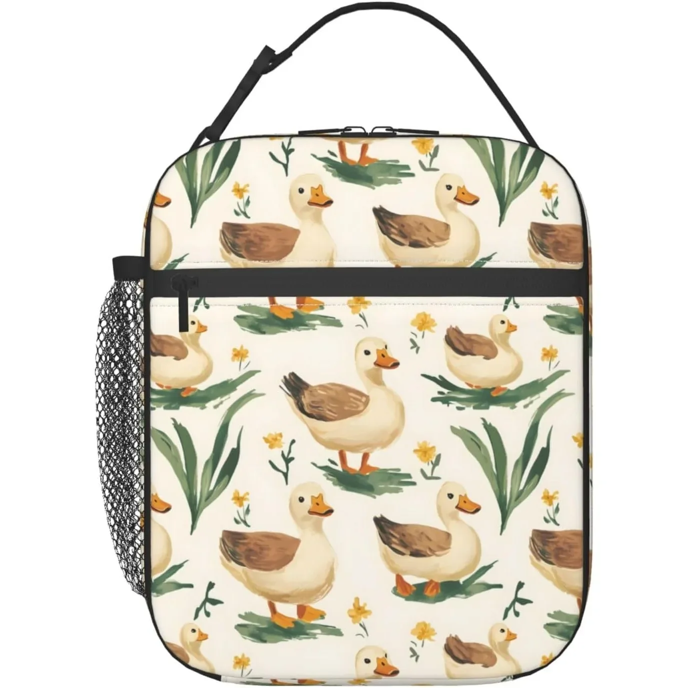 Cute Duck Lunch Bag, Polyester Tote Bags with Meadow and Floral, Rural Countryside Insulated Lunchbox