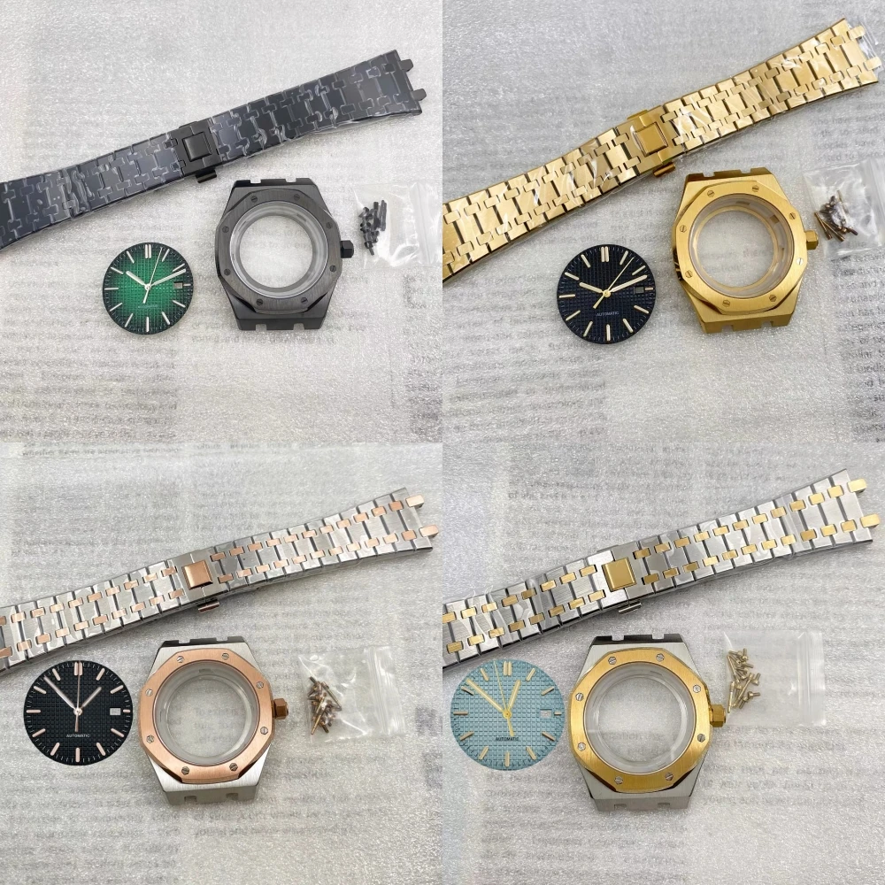 

Black Gold 41MM Case Steel Band Sapphire Glass Electroplated Screws Fits 31.8mm Watch Dial for NH35 NH36 NH70 Movement Hands