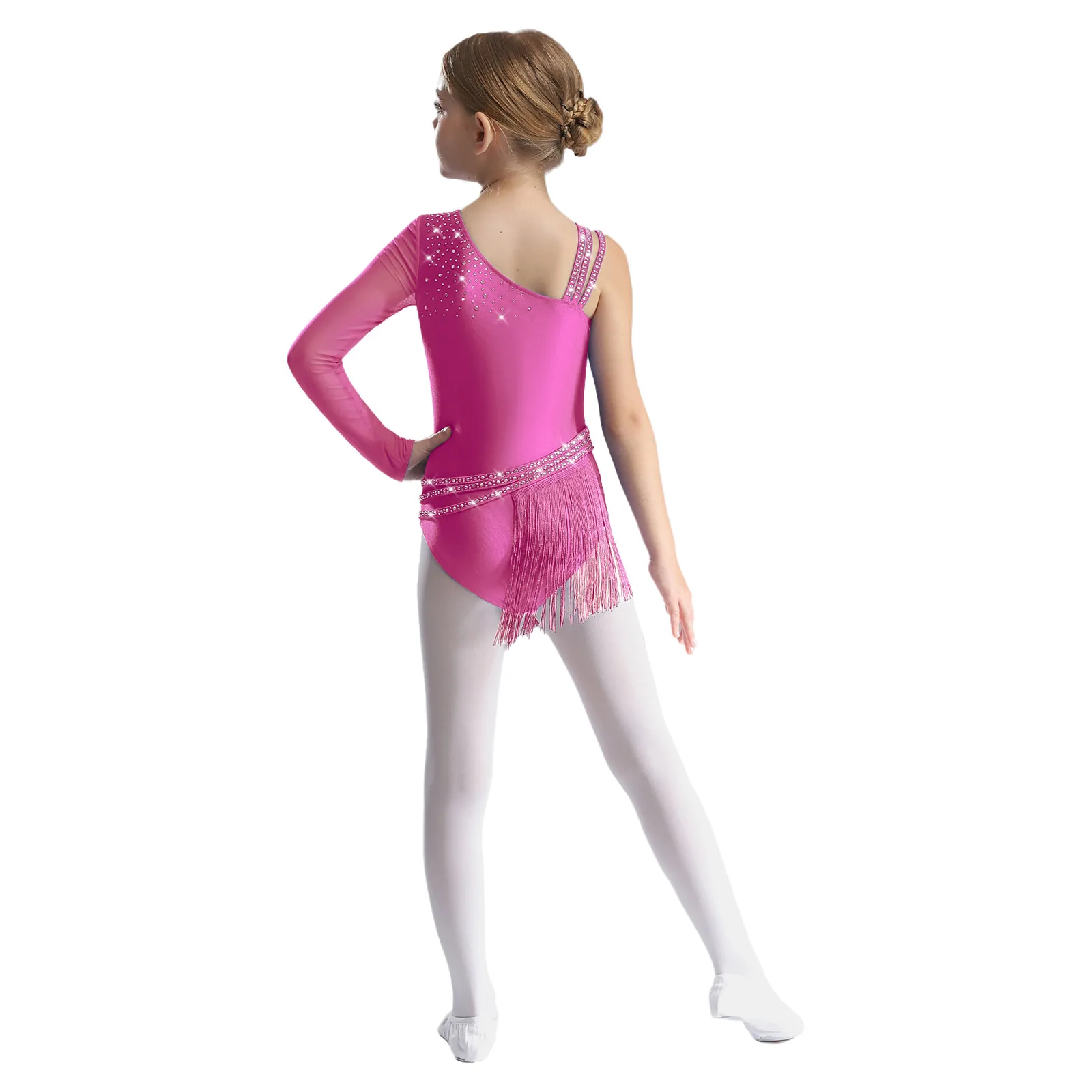 Kids Girls Figure Skating Dance Leotard Glittery Rhinestones Irregular Tassel Fringe Skirted Bodysuit for Latin Jazz Performance