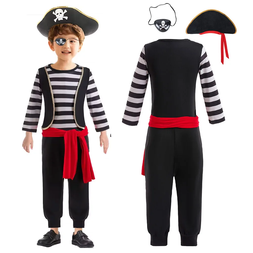 1-5T Boys Captain Set Pirate Costume 4pc Kid Boy Halloween Cosplay Clothes Pants Suit Hat Dressup For Toddler school Performance