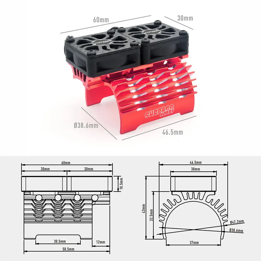 Surpass Rocket 40mm 42mm 56mm Ventola del motore Ventole di raffreddamento in metallo Dissipatore di calore per 1/5 1/6 1/7 1/8 RC Car 4068 4274 5692 Motore Brushless