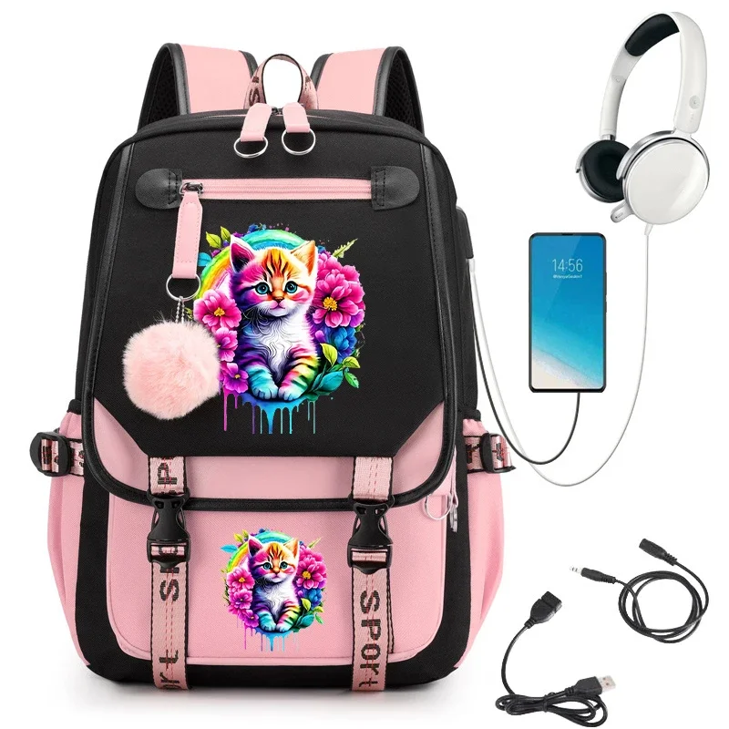 

Kawaii школьный рюкзак для девочек, акварельный милый цветочный кот, школьные сумки для студентов, подростков, сумка для книг, рюкзак для ноутбука, зарядка через USB