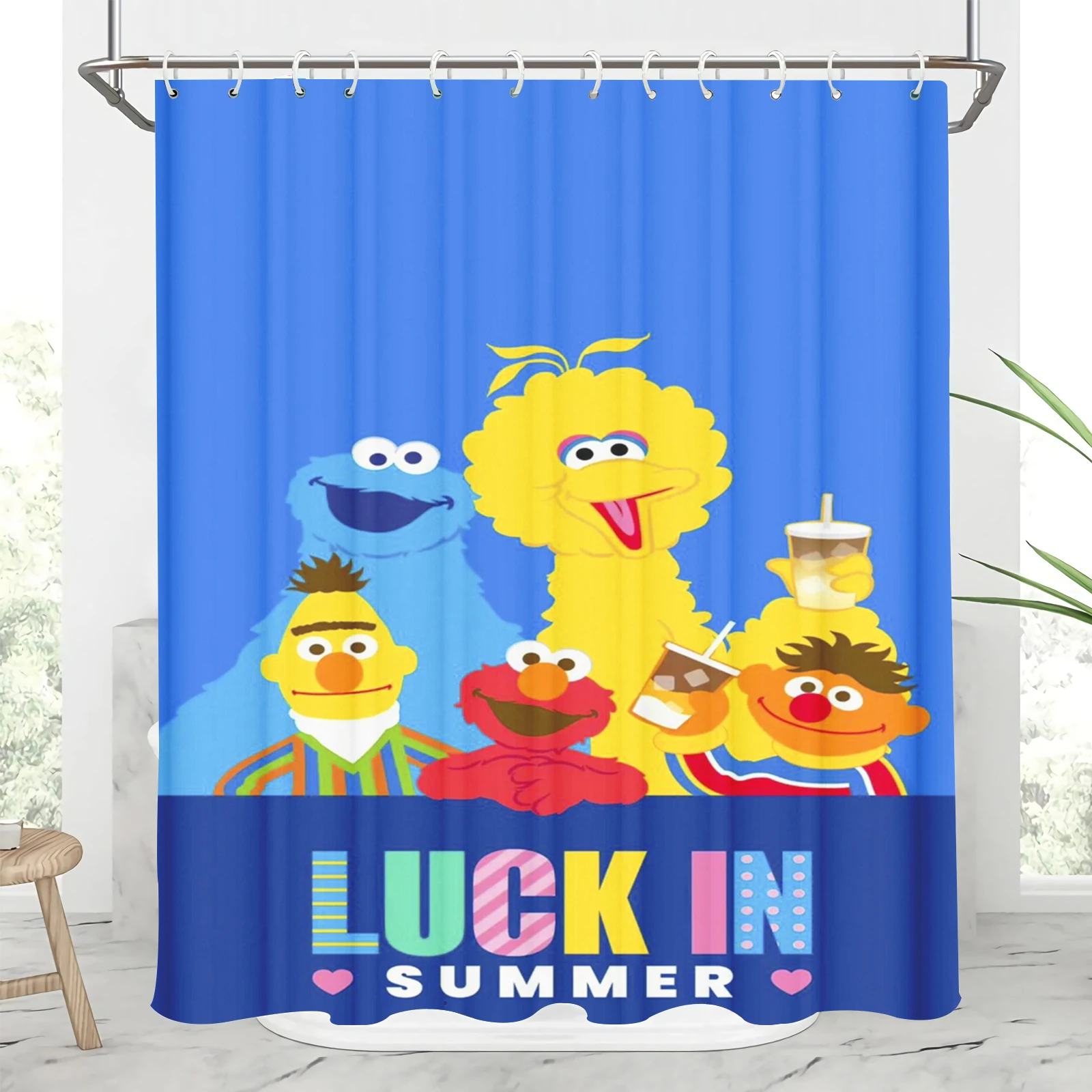 Sesame Street Cartoon Shower Curtain, Polyester Full Screen Sets, Luxury Funny Cute Bathroom Accessories, Hook Up