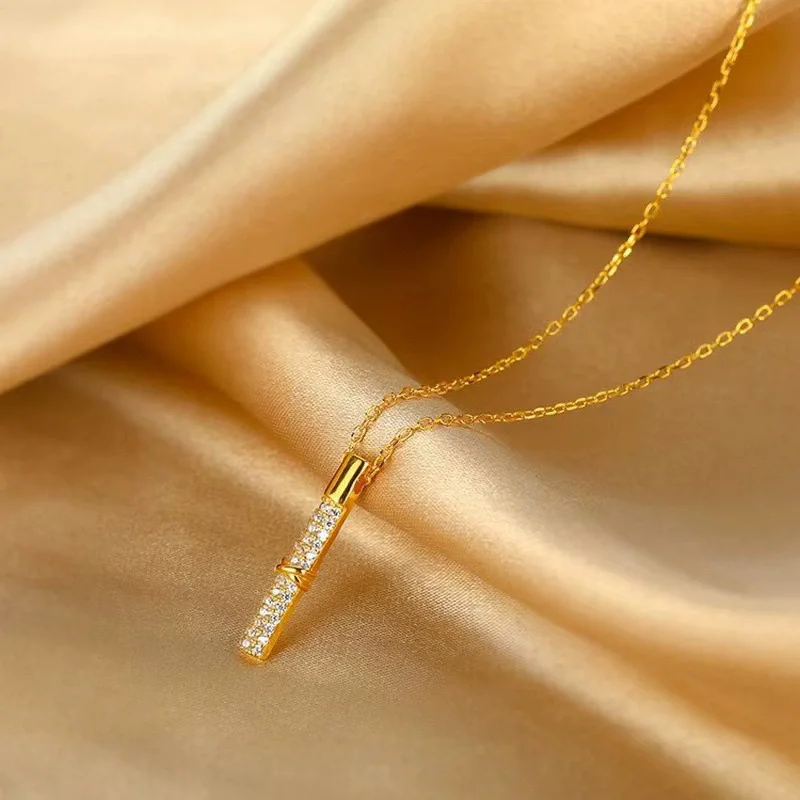 New Trendy 925 Sterling Silver Diamond Inlaid Bamboo Necklace for Women Pendant Collarbone Chain Jewelry Accessories Gifts