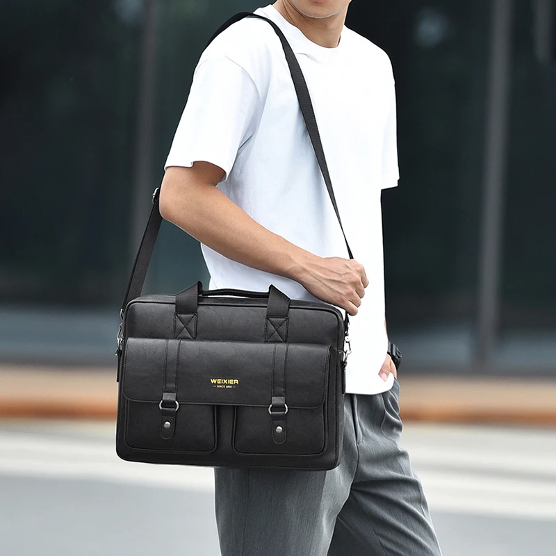 Men'S Vintage Briefcase 15.6 Inch Laptop PU Leather Shoulder Executive Business Messenger Office Portable Document Bag Male