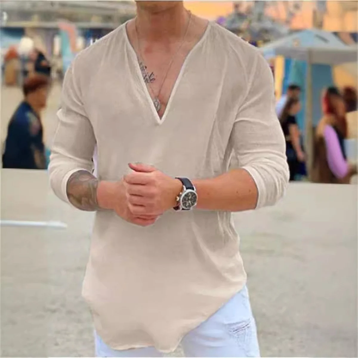 Exclusive Gift For Men, Tiki Summer Lightweight Breathable Sports Deep V-neck High-end Flash Sells Solid Color Men\'s Shirts