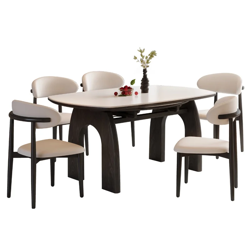 French solid wood rock slab dining table retractable modern simple square and round dual-purpose household small apartment