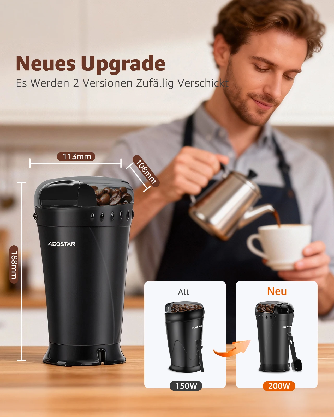 Aigostar Kaffeemühle Elektrisch Gewürzmühle Kaffee Mühle für Kaffeebohnen, Getreide, Gewürze und Nüsse, Edelstahl Schlagmesser, 60g Bohnenbehälter, Elektrische Propellermühlen,150 Watt, Schwarz – Bild 2