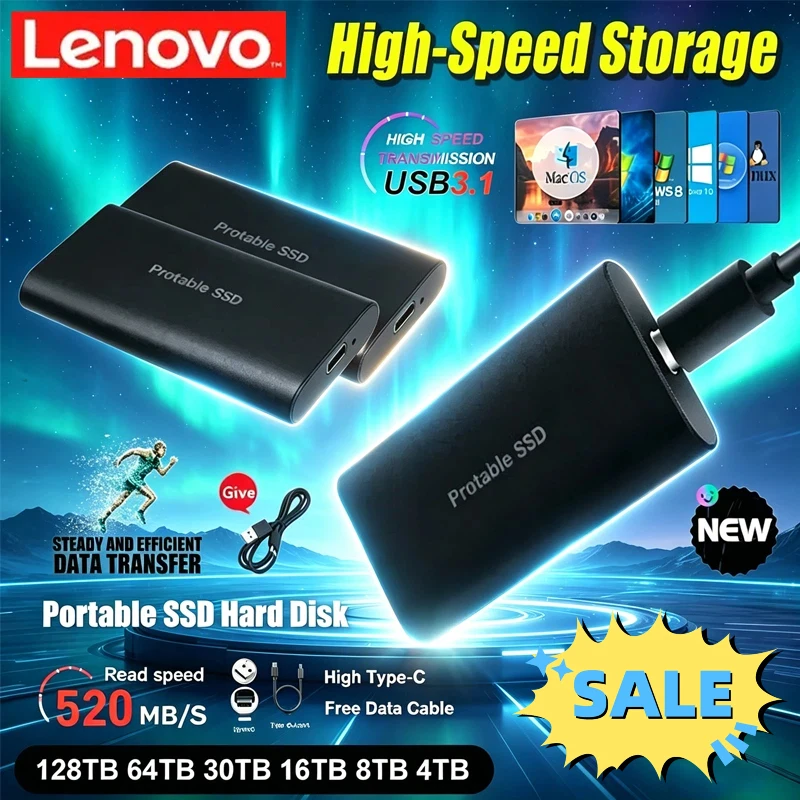 

Портативный твердотельный накопитель Lenovo 128 ТБ, 2 ТБ, 4 ТБ, 6 ТБ, высокоскоростной SSD, устройства хранения данных большой емкости для ноутбуков/MAC