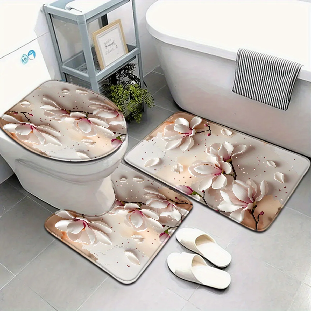 

3-Piece Pink Magnolia Pattern Bath Mat Set, Polyester, Washable, Rectangular, with Toilet Seat Cover and U-Shaped Floor Mat