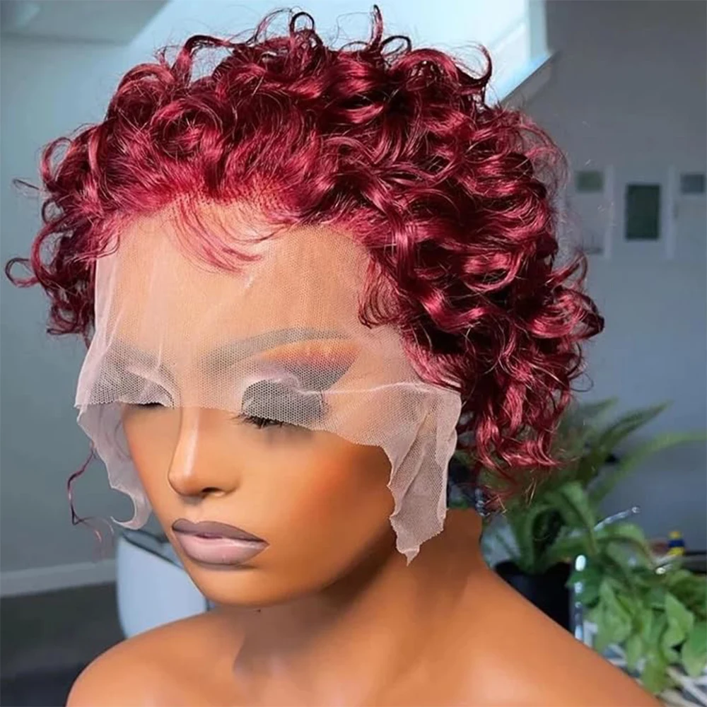 

99J 13x1 Pixie Curly Human Hair Wig Pixie Cut Curly Прозрачные парики шнурка Бразильские парики Remy из 100% человеческих волос для чернокожих женщин