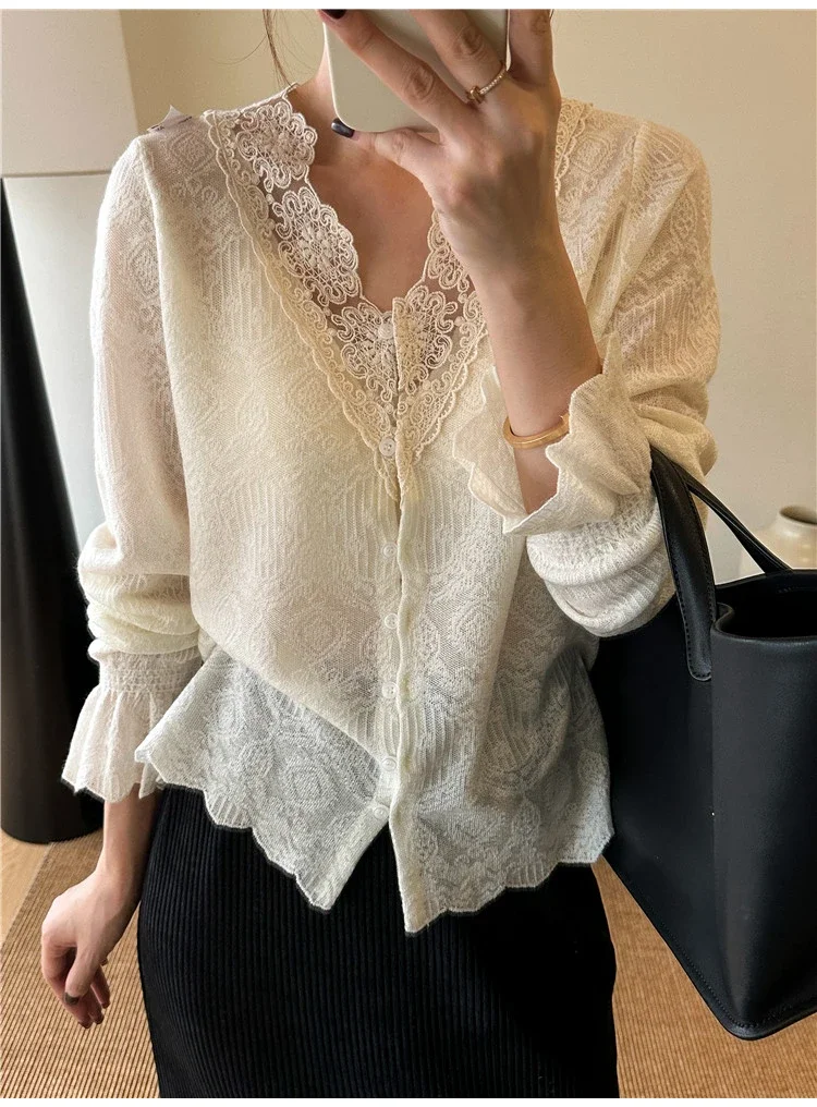 

Lace V-Neck Knit Cardigan Ruffle Sleeve Long Coat with Wave Hem Lady French Romantic Style Chic Cover-Up for Work Casual