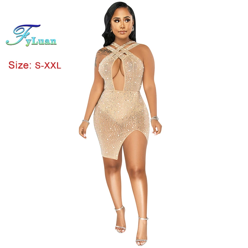 Splendido abito da festa corto da donna in rete trasparente scintillante estiva Temperamento sexy Sottile e sottile Cut-Out Crystal Party Night Clubwear