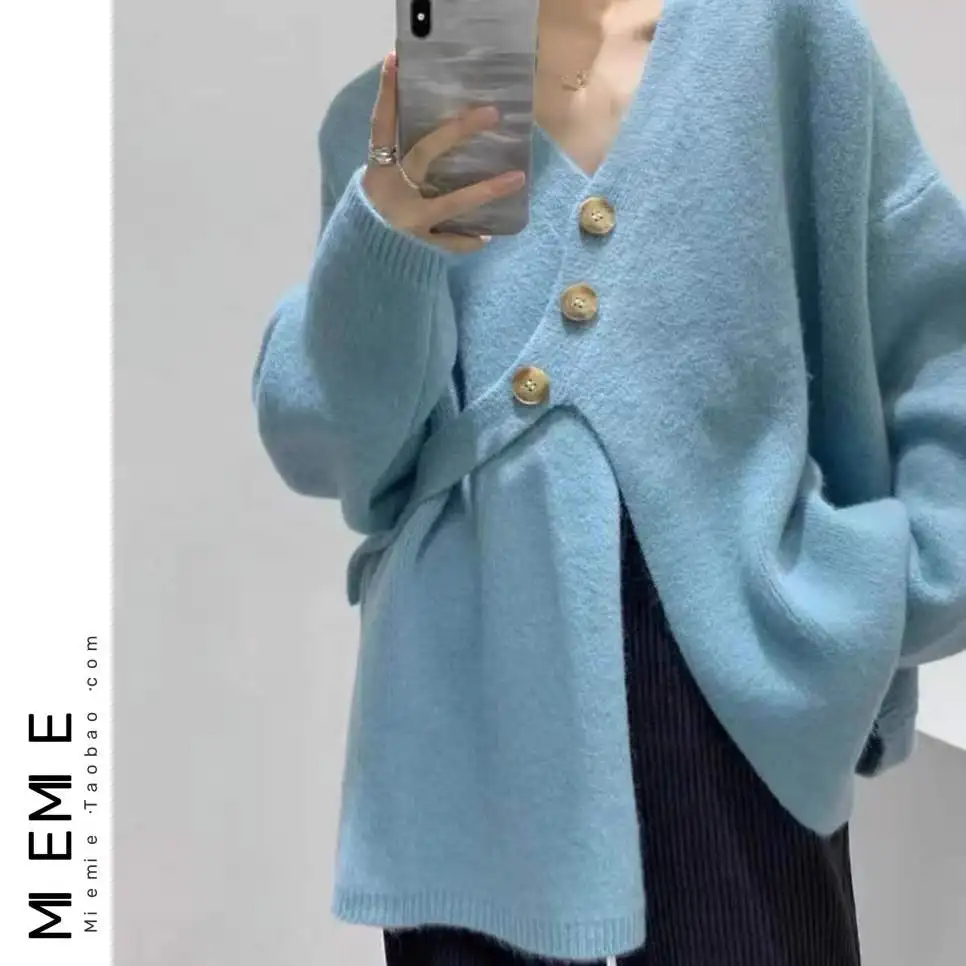 

Thiened V-Ne Вязаный открытый кардиган Свитер Свободный дизайн Весенняя верхняя одежда Sweet Sle Long Sve Цельный комплект на пуговицах