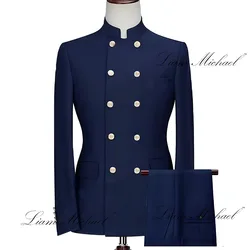 Navy Blue Men's Suit Double Breasted Jacket Pants 2-piece Set Formal Wedding Tuxedo Groom's Dress Customized Outfit