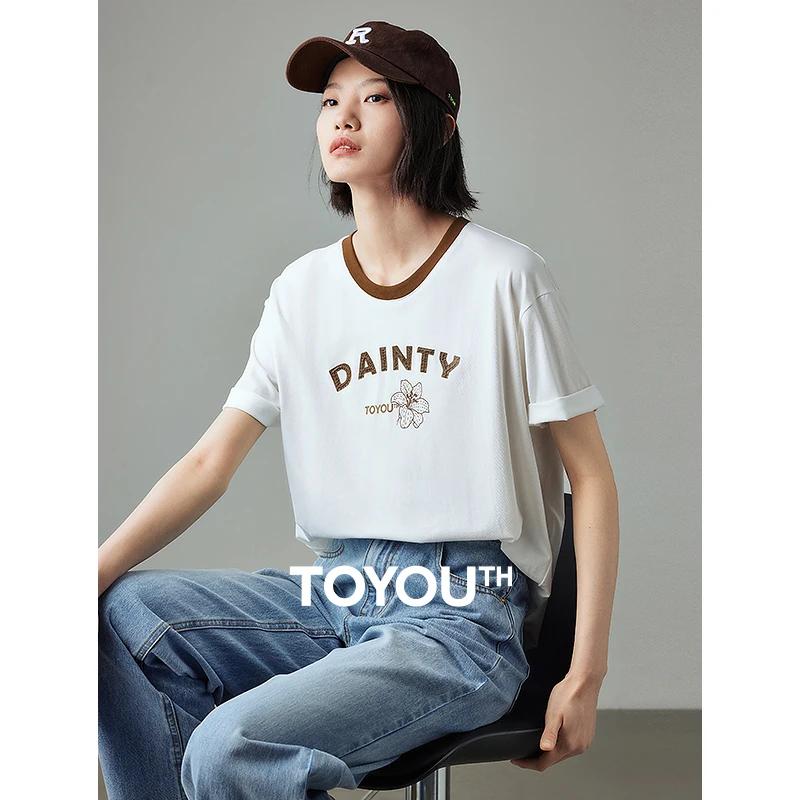 TOYOUTH Women Lily Flower Cool Sensation T-shirt 2024 Summer Contrast Round Neck Top