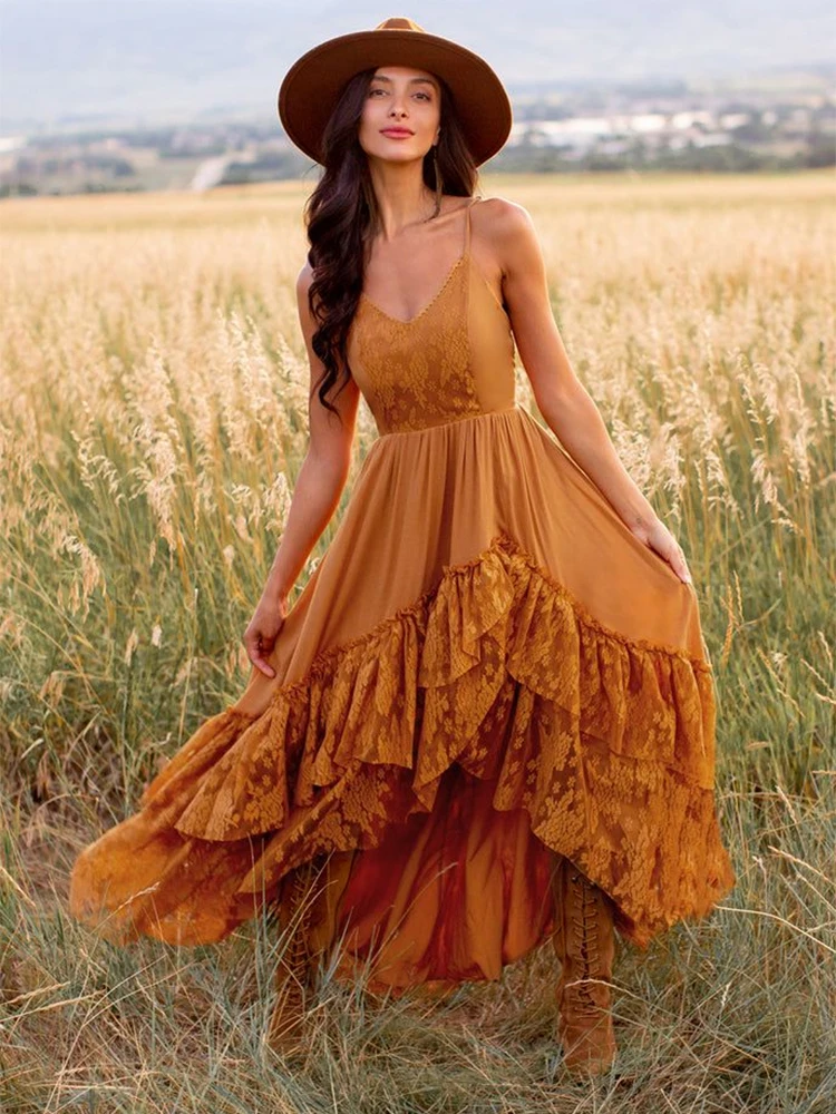 Abito estivo da spiaggia fluido senza maniche Slip Maxi abiti Boho Stili tinta unita pizzo increspato vestito estivo Mujer Abiti 2025