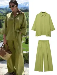 HH 2025 Women 2 Piece Set Elastic Waist Pocket Folds Decorate Wide Leg Pants+Solid Single-Breasted Slit Hem Blouse Top