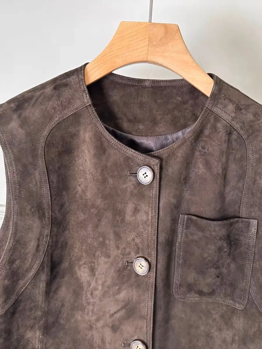 Retro Kid Pelle scamosciata 100% pelle di pecora Top Abbigliamento per donna Gilet in vera pelle Stile corto Girocollo britannico Abbigliamento a strati