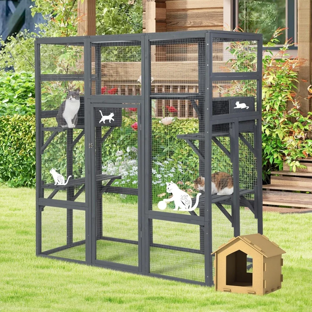 70Inch Large Wooden Catio Outdoor Cat Enclosure with Perches and Condos,Waterproof Roof,7 Platforms & 2 Resting Box,UV Resistant