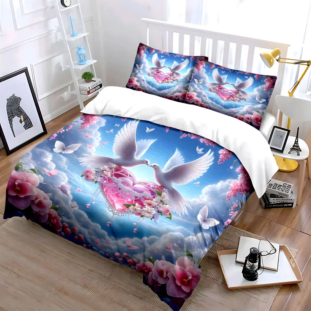 Romantic doves with heart and flowers Bedding Set for Kids Luxury Gift 3pcs Digital Print Comforter Set Soft Comfortable