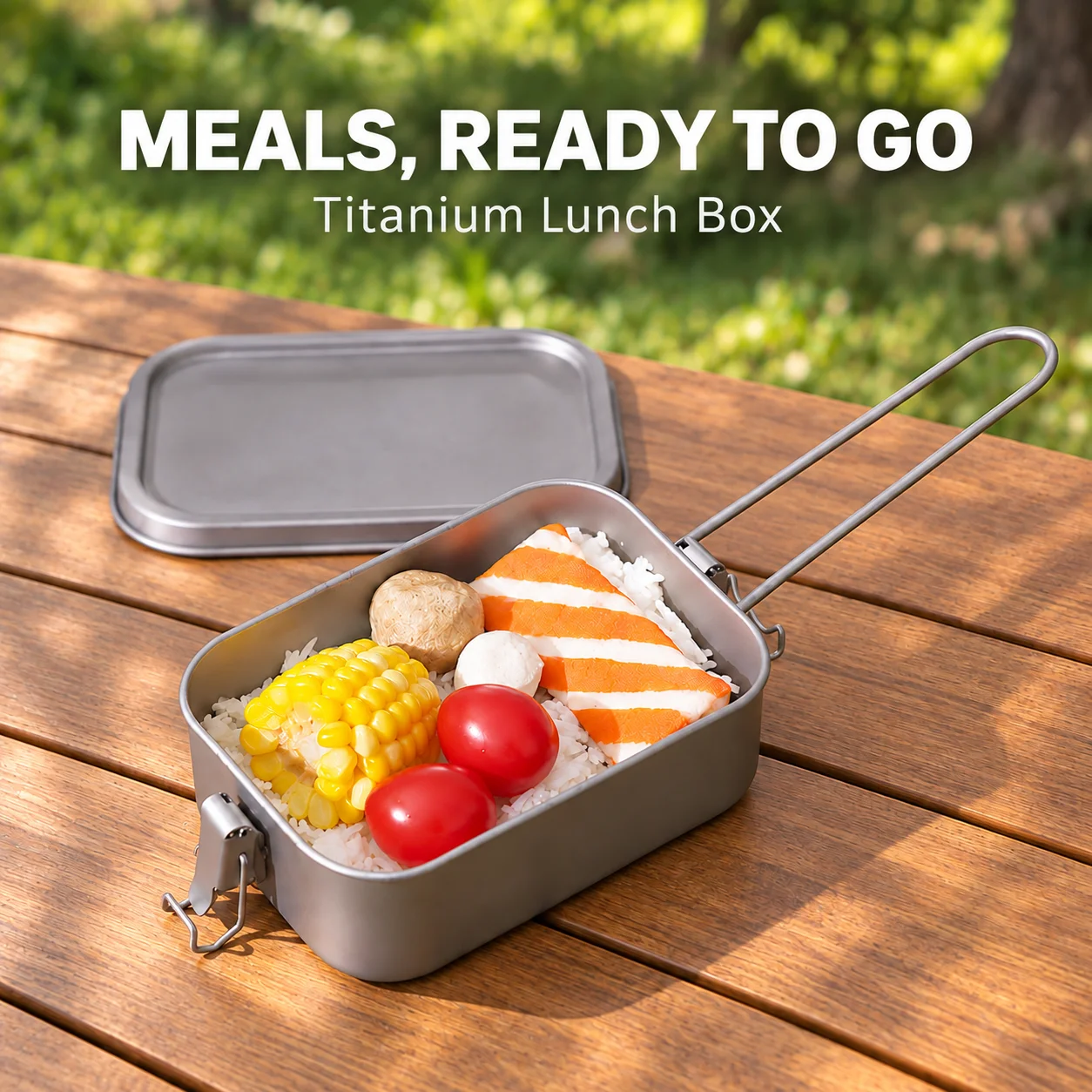 Lunchbox aus reinem Titan mit Deckel, Bento-Box mit Verschlussklammern, 800 ml oder 1200 ml, optionaler, zusammenklappbarer Griff, ideal für Camping und Arbeit. – Detail 1