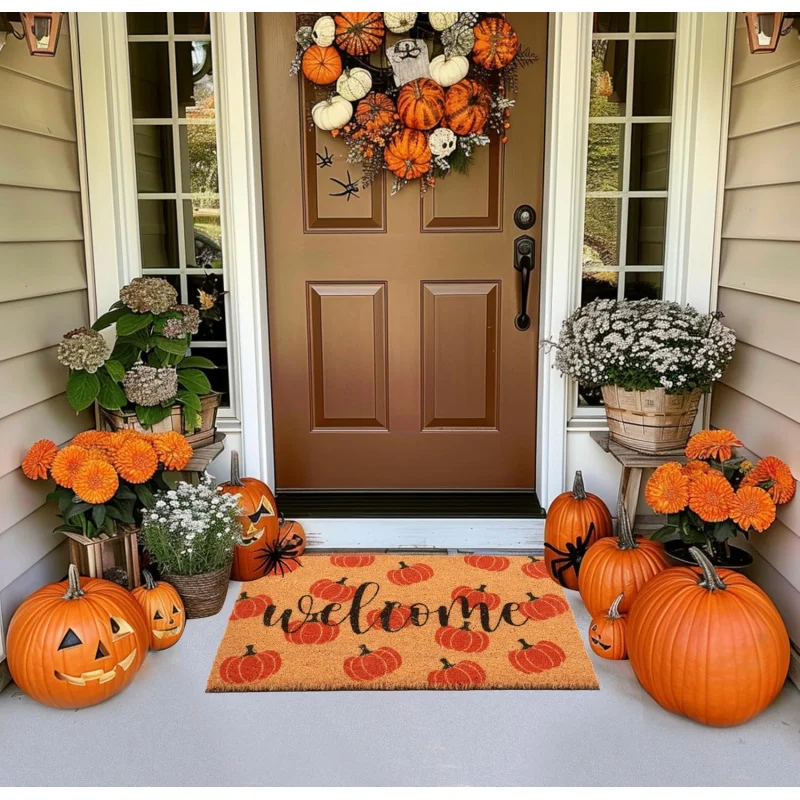 Watercolor Pumpkin Welcome Mat Entrance Floor Mat Autumn Harvest Thanksgiving Non slip Rubber Door Mat