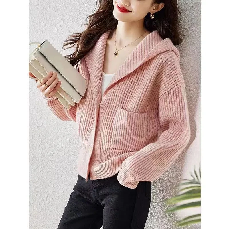 

2025 Spring Autumn Women's New Short Sweater Pink Coat Hooded Knitted Cardigan Female Long Sleeve Blouse Knitwear Jacket