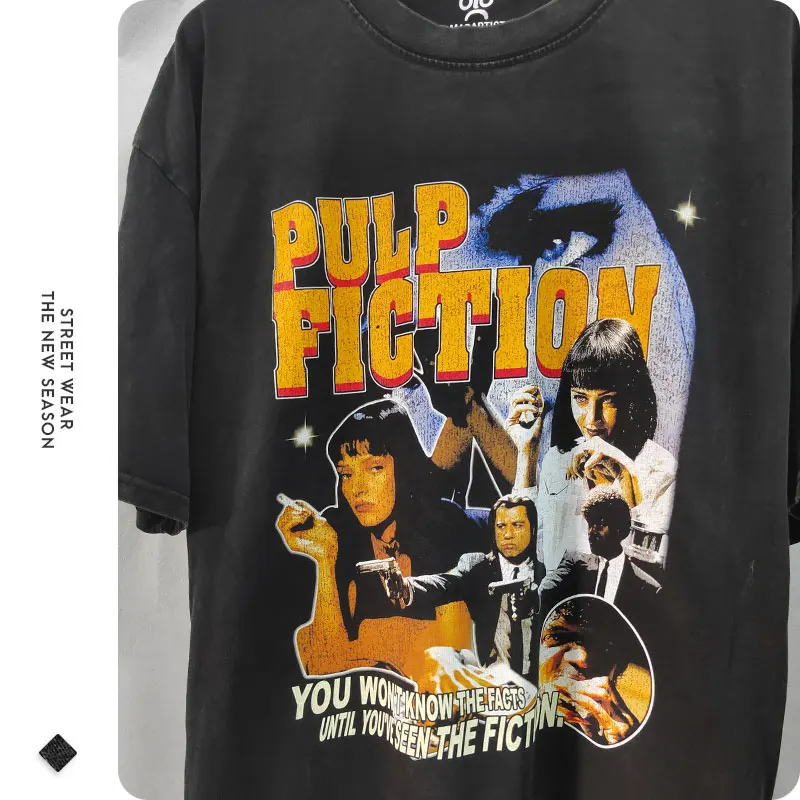 Pulp Fiction T Shirt Hip Hop Vintage Washed Movie Old School Top Tees Oversized T-shirt Short Sleeve Sweatshirts Man 100% Cotton