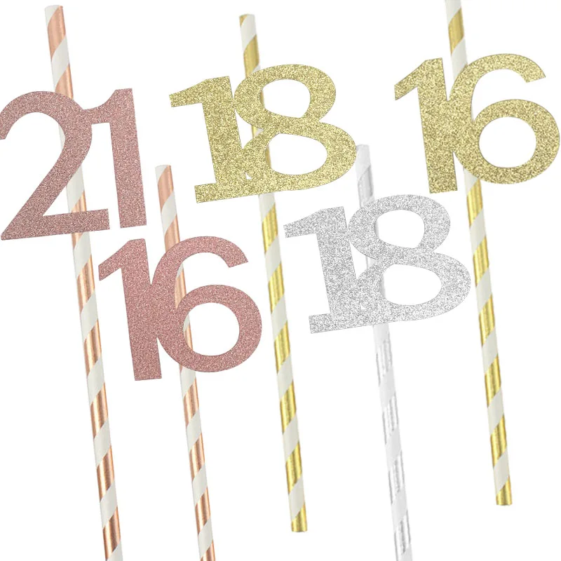 10pcs Paper Straw With Number 16 18 21 Anniversary Drink Straws 16th 18th 21st Birthday Party Decoration Supplies  Juice straw