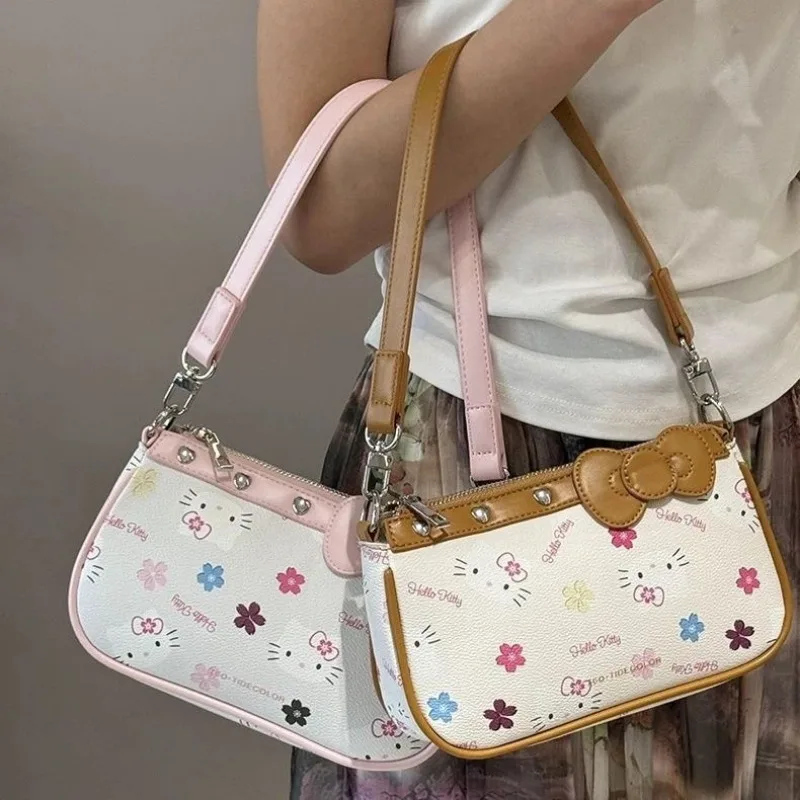 

Japanese Y2k Hello Kitty Handbags Sweet Preppy Girls Underarm Bag Fashion Cartoon Bowknot Pu Lether Armpit Purse Chic Hobo Bag