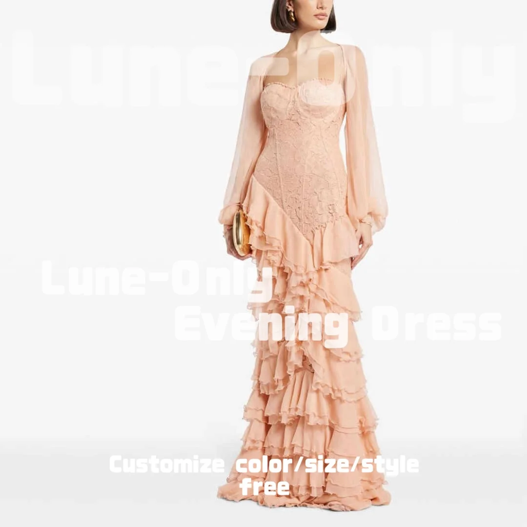 

Customized Long Sleeves Jacket Chiffon Lace Evening Dresses Tiered Sweet Elegant Party Gown Spaghetti Straps Prom Formal Dress