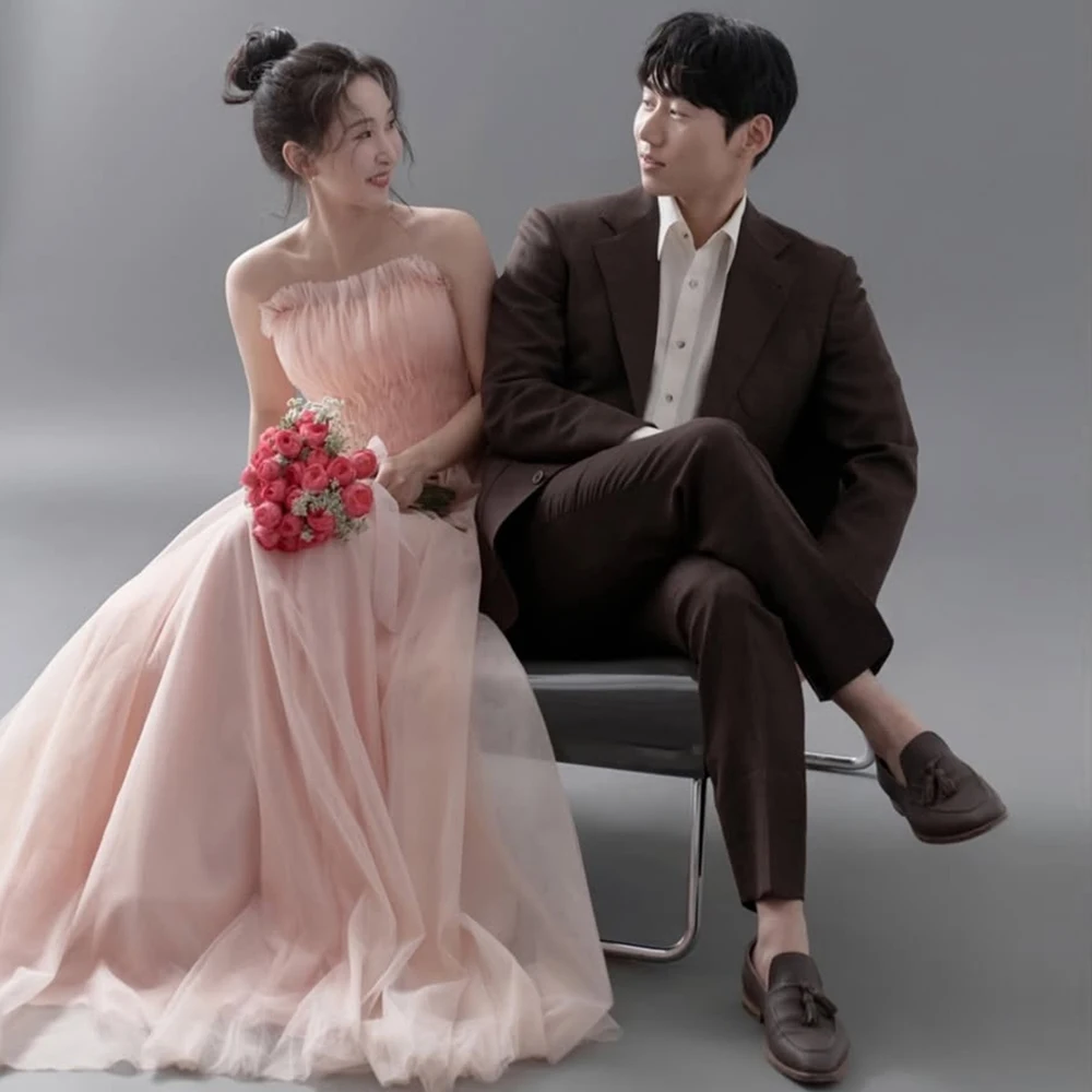 Sondr Light Pink Korean Wedding Dresses Tulle Strapless Elegant Reception Dresses Customized Evening Party Dresses for Wedding