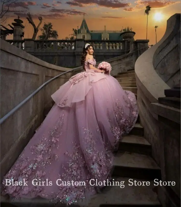 Princess Pink 15 Quinceanera 2024 Luxury Strapless Poncho 3D Floral Applique Corset Chapel Train Mexico vestido xv años