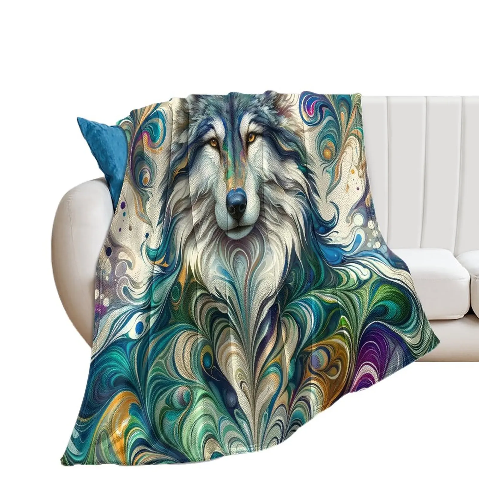 Wolf Power Animal Portrait: Shamanic Spirit Watercolor Marbling Art Throw Blanket Bed covers Bed Fashionable manga Blankets